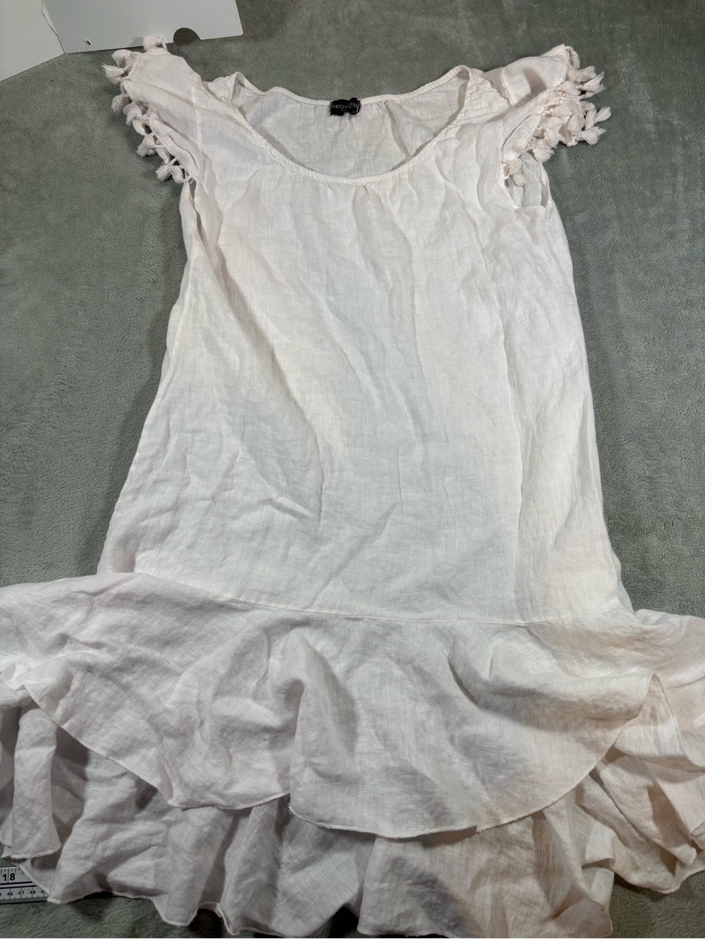 Terzo Millennio White 100% Linen Ruffled Mini Dress Tassel Sleeves Medium